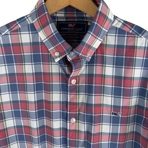 Vineyard Vines Slim Fit Whale Shirt Men M Red Blue Plaid Button Down Long Sleeve